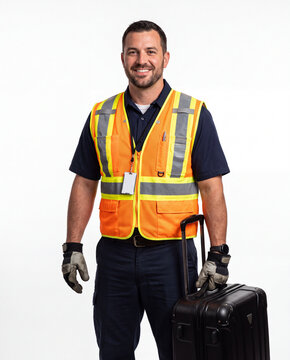 Airport baggage handler representing luggage operations, ground services, airport logistics, travel and efficient passenger support.