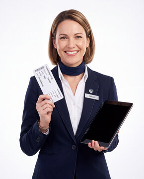 Airport customer service representative assisting travelers, representing passenger care, travel support, communication and aviation services.