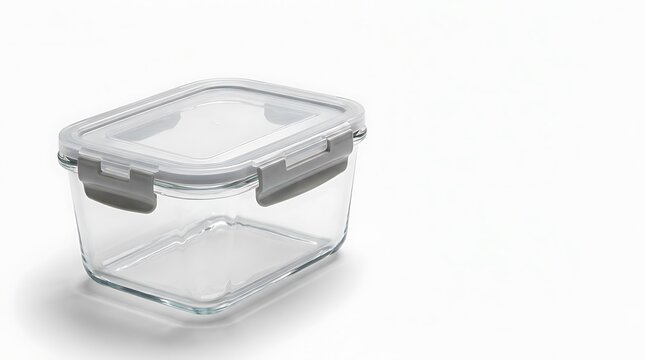 Empty clear glass food storage container with a grey airtight locking lid for keeping kitchen meals fresh. spill proof container