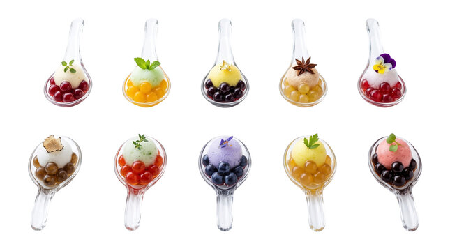Molecular gastronomy dessert spoons with fruit caviar pearls, gourmet appetizer set of 10 fusion snacks, colorful boba pearl tasting spoons on white background