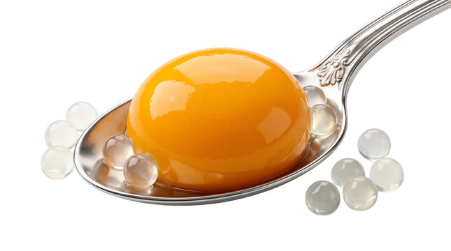 Molecular gastronomy mango sphere on silver spoon, orange fruit caviar pearls for fine dining, gourmet spherification dessert on white background