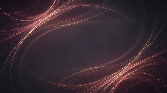 Abstract electromagnetic field visualization with glowing rose gold and pink curved light trails forming a frame on a dark background with sparkling particles.