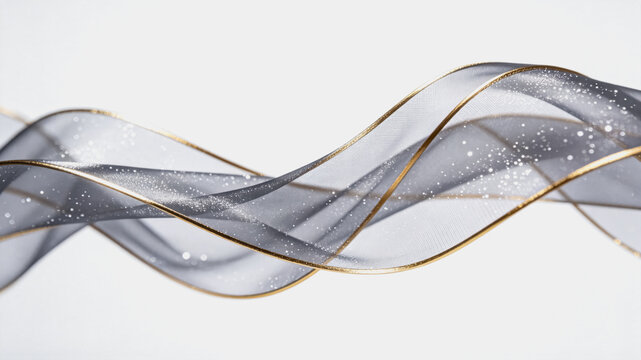 A sheer translucent grey ribbon with thin gold edges and fine glitter, twisted in gentle waves against a plain white background.