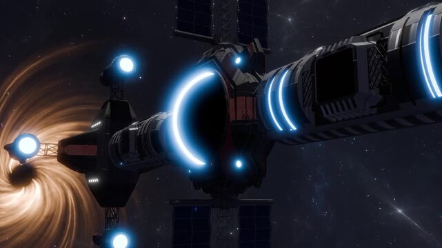 A spaceship flies through a stargate.