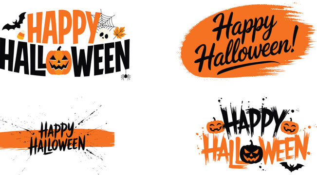 Four halloween typographic featuring jack-o-lanterns, spiders, bats, skulls, and orange brush stroke backgrounds