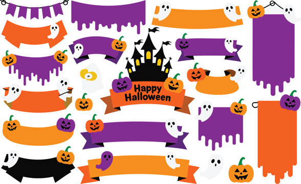 Halloween banners and labels set with jack-o-lanterns, ghosts, and haunted castle on white background