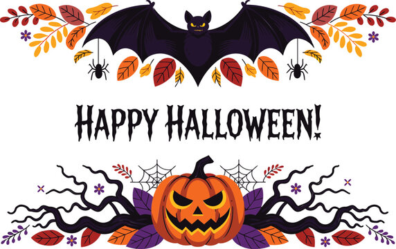 Happy halloween greeting card with a central bat, a jack-o'-lantern, autumn leaves, spiders, and cobwebs on a white background