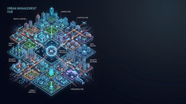 Digital urban management hub architecture analyzing real time smart city traffic and energy metrics.