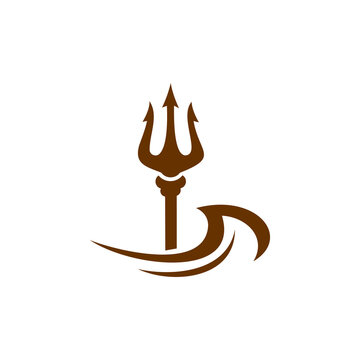 A sleek, modern vector logo depicting a traditional trident standing above stylized ocean waves, rendered in a solid brown tone on a clean white background. 