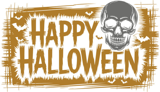 Happy halloween text with a grey human skull and silhouettes of flying bats on a distressed, textured gold rectangular background