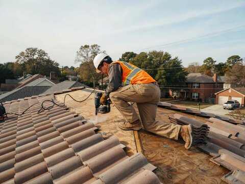 Contractor installs terracotta roof tiles using rotary hammer on building exterior.