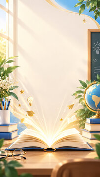 Open Book With Globe Graduation Hat And Science Lab Equipment