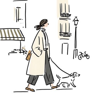 Hand drawn illustration of a stylish woman walking her dog on a European city street