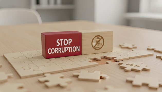 Red stop corruption block and a wooden no bribery block resting on incomplete puzzle pieces on a modern office desk with 2027 text.