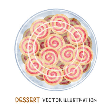 Watercolor pink spiral cookies biscuit in plastic jar packaging. Vector food illustration.