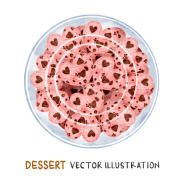 Watercolor heart shaped pink cookie with chocolate chips in a plate. Vector food illustration.
