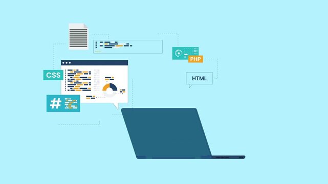 Web Development and Programming Concept with Laptop, Code, HTML, CSS, PHP and Security Lock