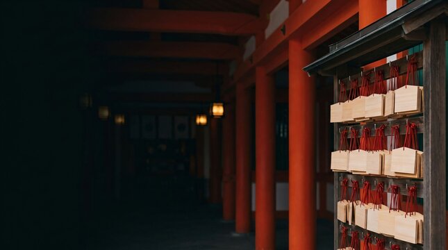 Wooden votive plaques ema hanging on rack in vermilion shrine corridor with copy space