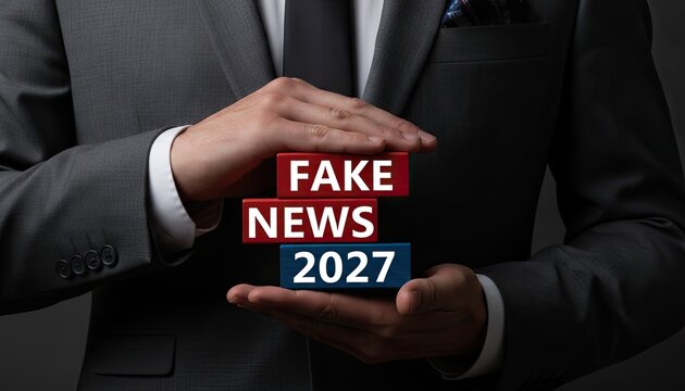 Person in business suit holds red and blue blocks spelling out fake news regarding expectations for the upcoming year 2027 in media.