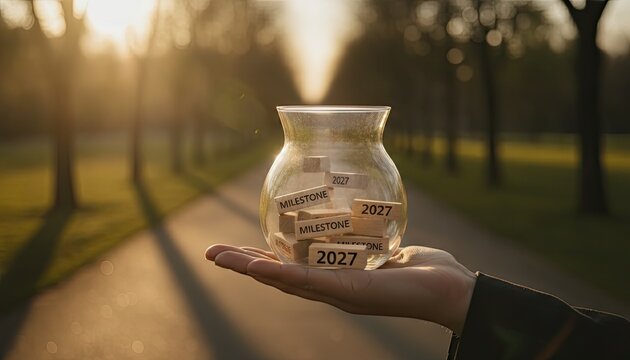 Hand holds a glass jar filled with wooden blocks labeled milestone and twenty twenty seven on a pathway during a sunset forest walk.