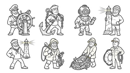 Fototapeta premium Maritime Workers and Nautical Character Line Art Collection 