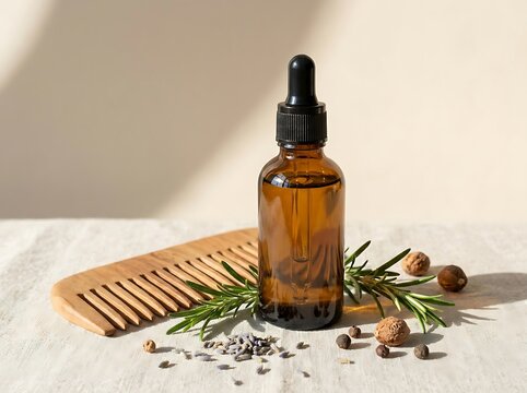 Amber glass dropper bottle with rosemary oil and wooden comb for hair care. thickening hair oil