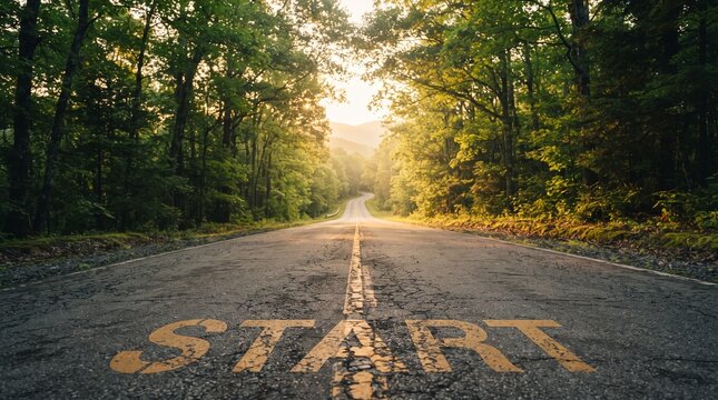 The Road Ahead: A paved road winds through a sun-dappled forest, with the word START boldly painted on its surface, inviting the viewer to embark on a journey of discovery and possibility.