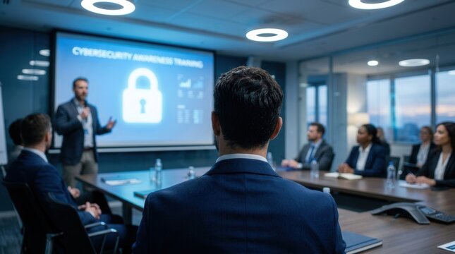 Corporate team attends cybersecurity awareness training session in modern office.