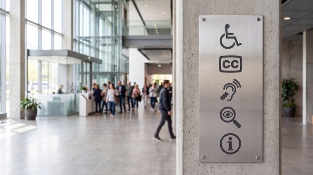 Modern metal accessibility signage with disability symbols mounted on concrete pillar in spacious public building lobby with blurred people walking