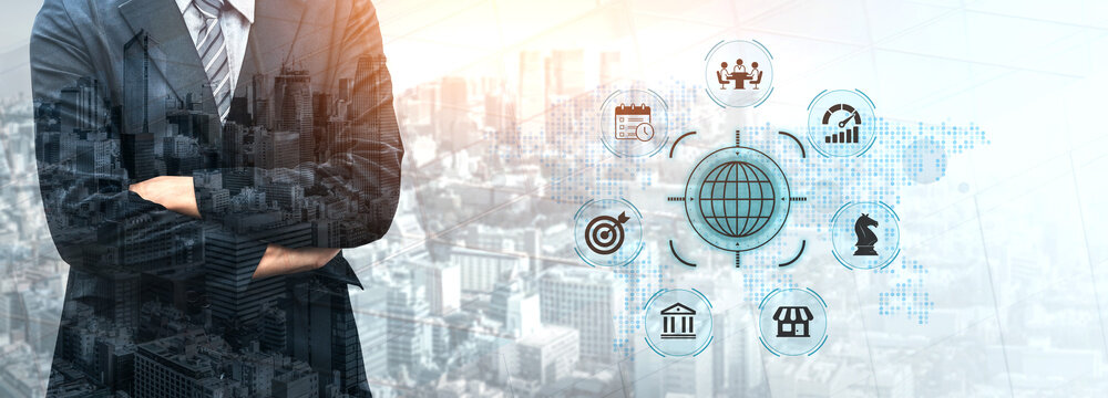 A confident businessman stands against a city backdrop, symbolizing the dynamic connection between global business strategies and modern digital tools for success. Nascent