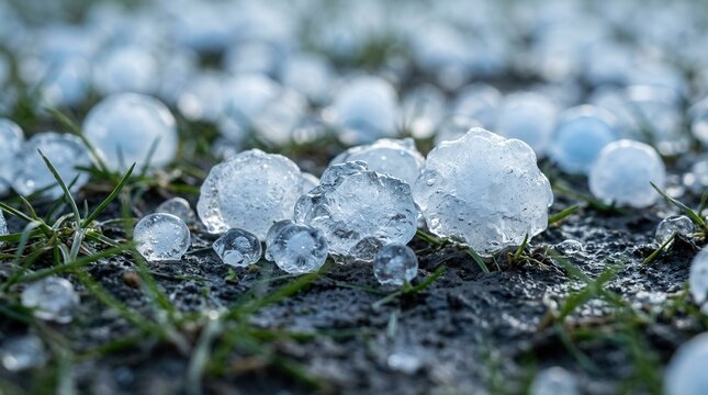 Icy hailstones rest on ground after storm with transparent balls of ice covering grass and soil.