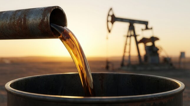 Golden crude oil streaming from a pipe into a metal drum with an oil pumpjack in the background.