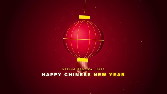 Chinese New Year celebration features a traditional red lantern hanging against a dark crimson background decorated with glowing particles and festive typography.