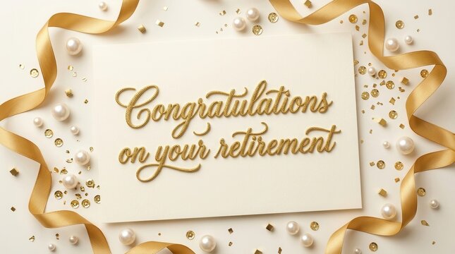 Elegant retirement greeting card design featuring golden glitter text on a creamy white background.