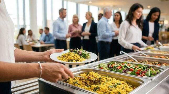 Diverse people select lunch from a buffet during office canteen lunch time.