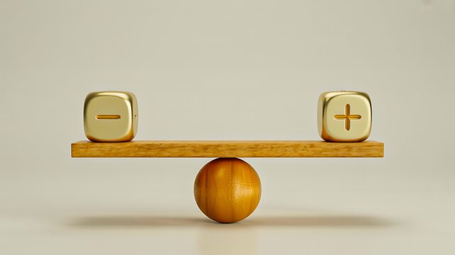 Golden balance scale with plus and minus symbols representing comparison, calculation, and financial decision making