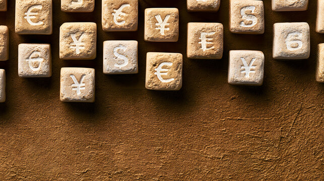 A geometric arrangement of stone blocks displays various global currency symbols, representing international finance and economic exchange.