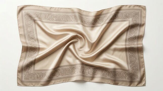 Elegant silk bandana with an intricate border pattern, a versatile accessory for fashion use, headwear, or a stylish scarf.