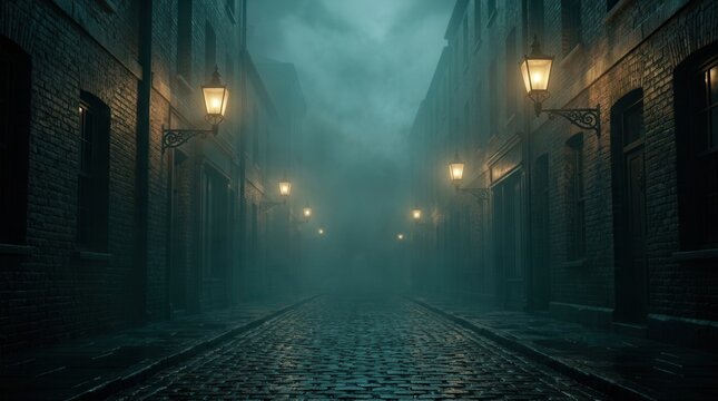 Foggy Victorian London street at night with cobblestone road and gas lamps illuminating dark alleyways