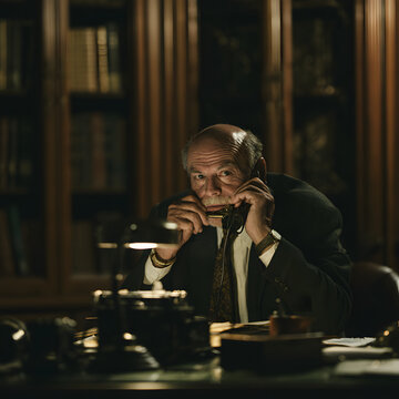 Senior executive dictating into an old-fashioned voice recorder in a dimly lit study