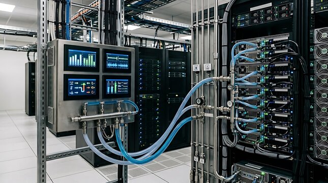 Monitoring system with touchscreens displaying performance dashboards connected via flexible blue tubing to a liquid-cooled server rack inside a modern data center.