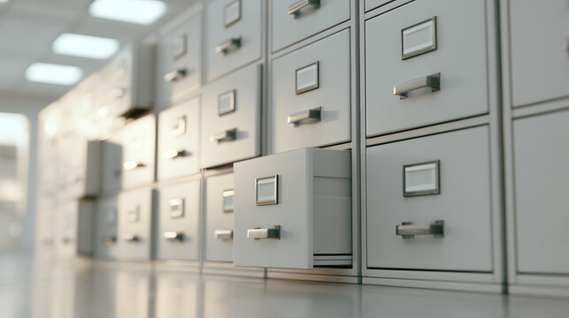 Rows of gleaming silver metal filing cabinets with drawers organized for efficient office document storage