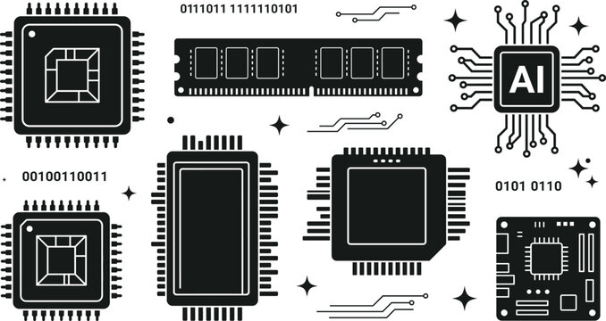 Computer processor and AI chip solid icon set with microchip RAM binary code and motherboard hardware hardware elements