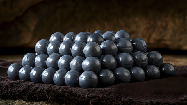 A large collection of polished smooth hematite spheres stacked in a pile on a dark textured surface, showcasing their natural luster and geometric form.