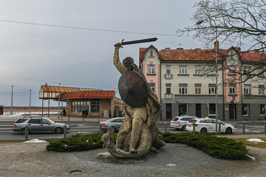 January 30, 2022, Riga, Latvia Bear Slayer Sculpture at Majori Square Jurmala Latvia Latvian Epic Hero