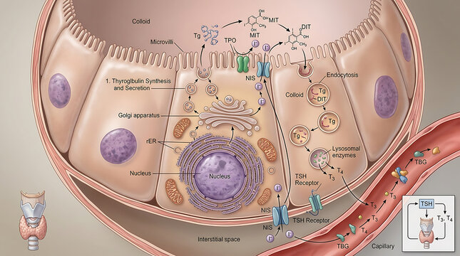 3D Photorealistic Complete Human Thyroid Follicular Cell Anatomy with Thyroglobulin Synthesis and T3 T4 Production