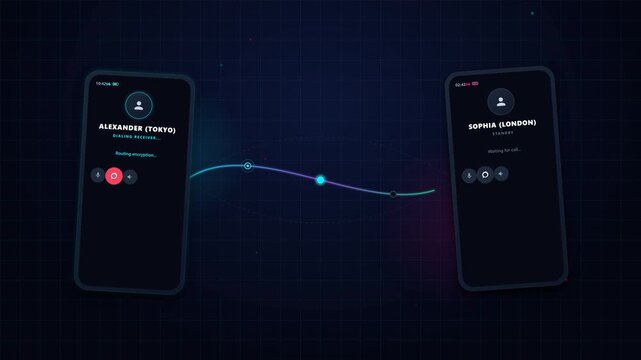 Digital communication interface showing two smartphones connecting across a global network with glowing data signal paths on a dark grid