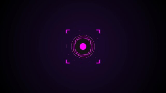 Cinematic close-up of a glowing magenta circular target with four corner brackets centered on a dark purple gradient background, featuring a high-contrast futuristic digital interface