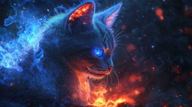 Mystical Cat Surrounded by Colorful Flames and Glowing Smoke Effects