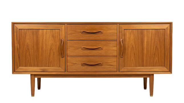 Wooden credenza with drawers and cabinet doors isolated on transparent background